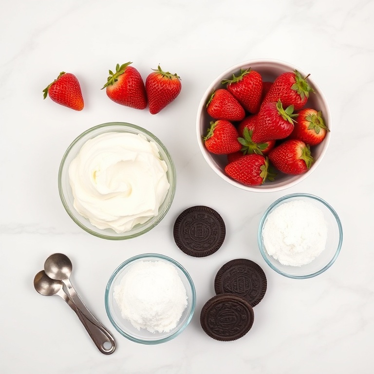 Strawberries, cream cheese, graham crackers, Oreo cookies, and sugar arranged in an overhead flat lay