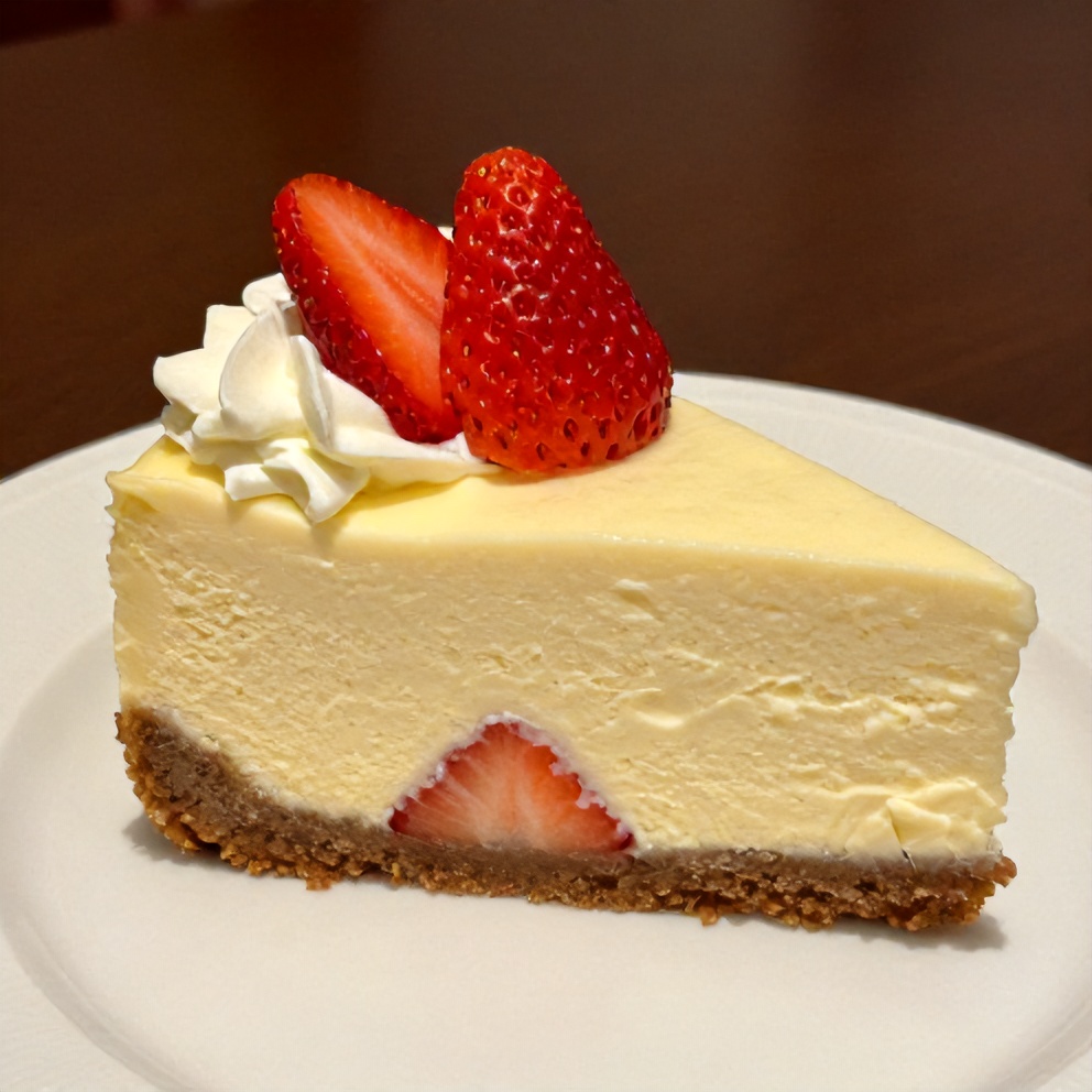 A perfect slice of Creamy Strawberry Swirl Cheesecake on a white plate