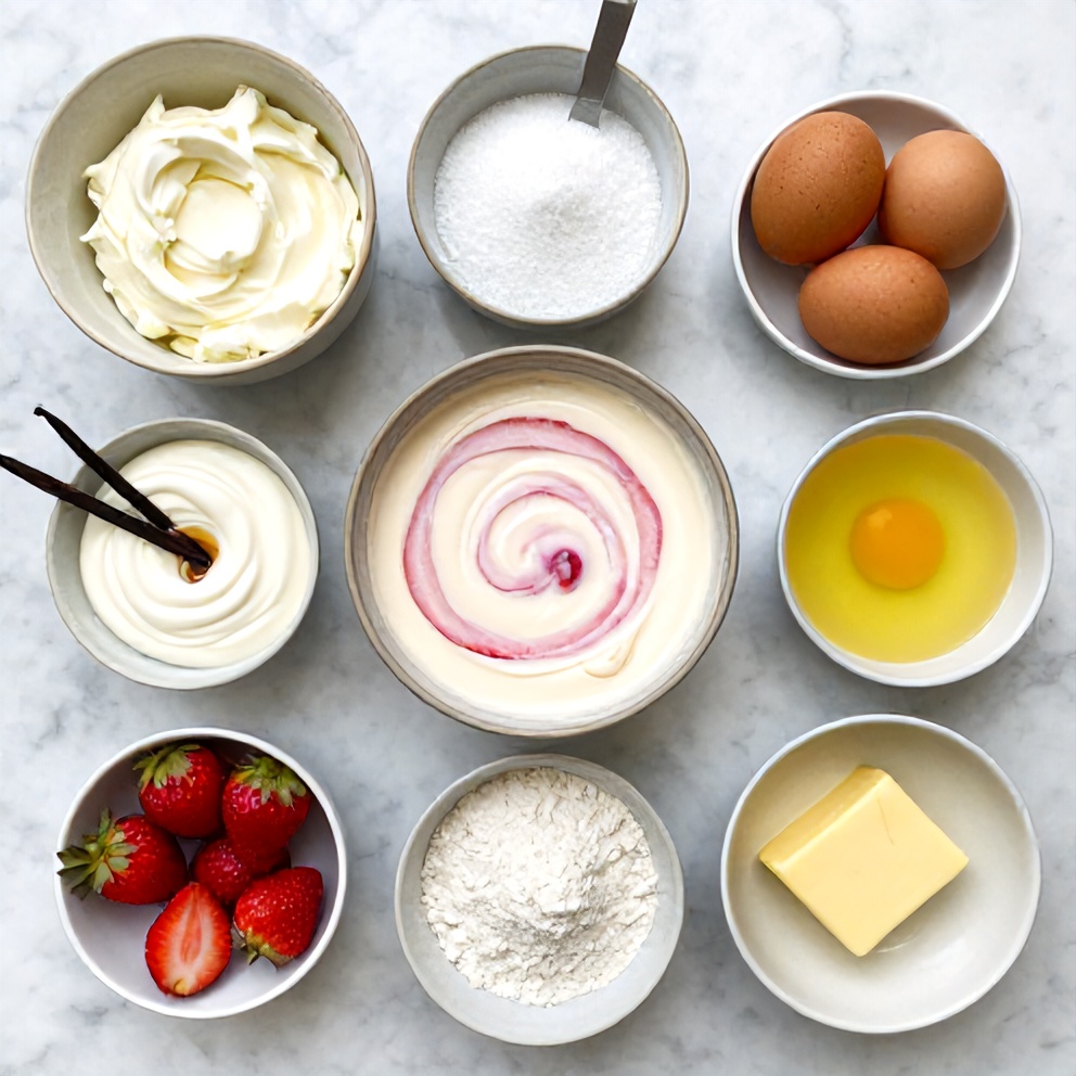Raw ingredients for Creamy Strawberry Swirl Cheesecake in an overhead flat lay