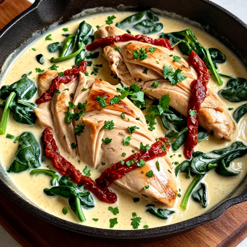 Finished Creamy Sun-Dried Tomato Chicken Skillet with Spinach