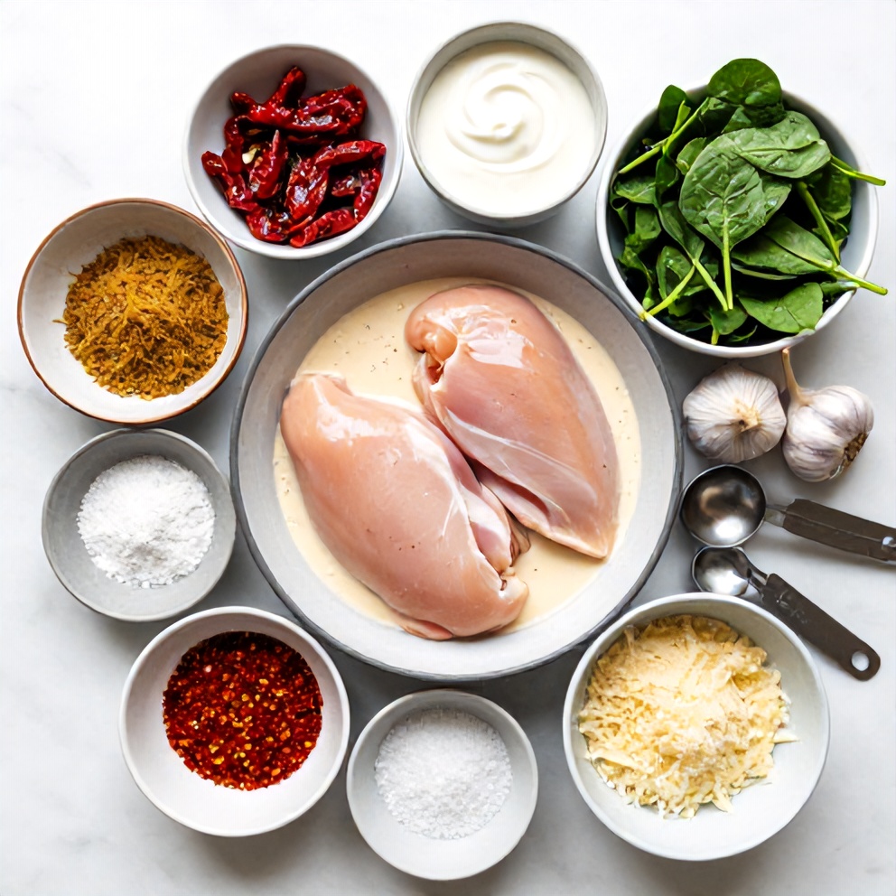 Raw ingredients for Creamy Sun-Dried Tomato Chicken Skillet with Spinach