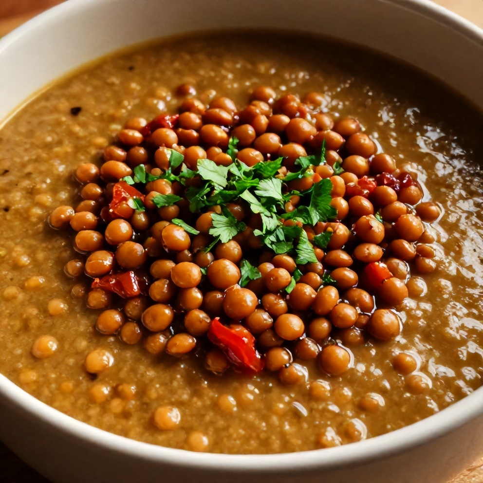 Bowl of creamy sundried tomato lentils with a sprinkle of fresh parsley
