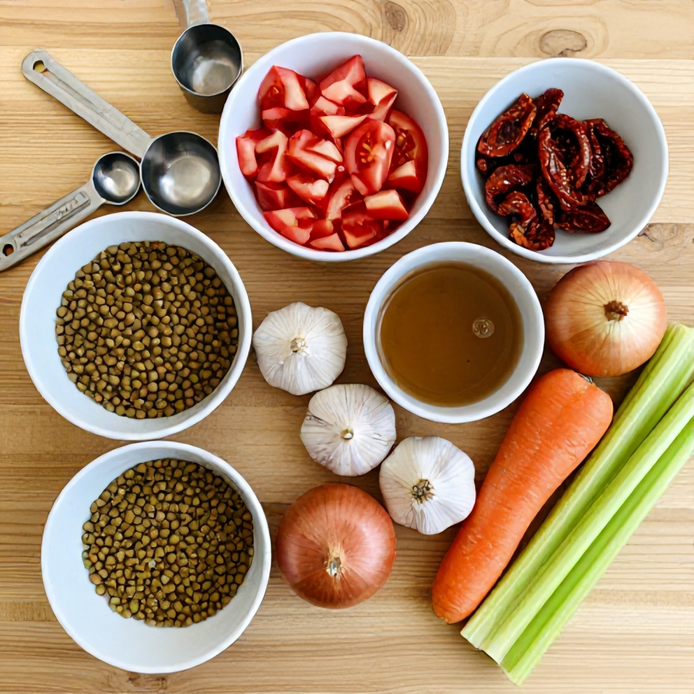 Ingredients for creamy sundried tomato lentils on a wooden surface