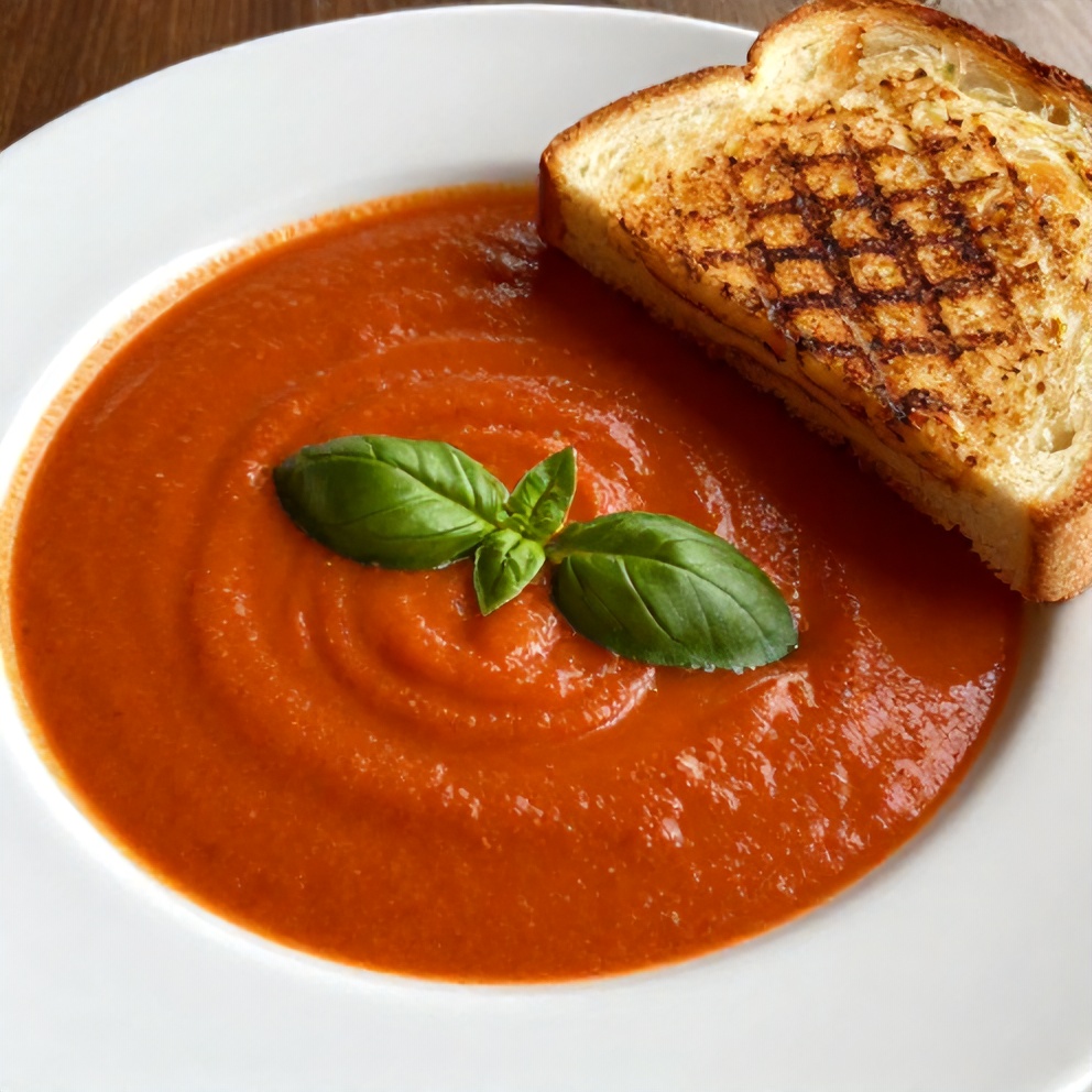 Bowl of creamy tomato soup with a side of grilled cheese sandwich