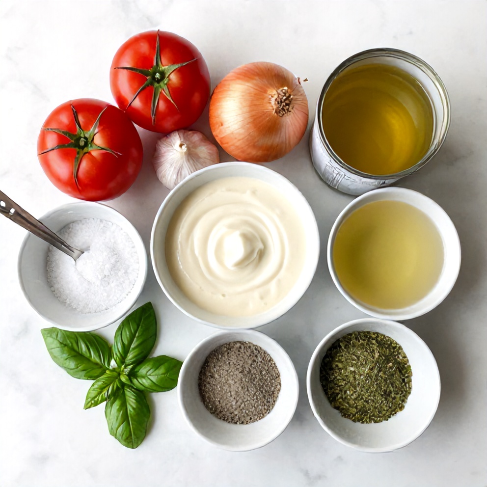 Ingredients for creamy tomato soup: canned tomatoes, onion, garlic, heavy cream, etc.