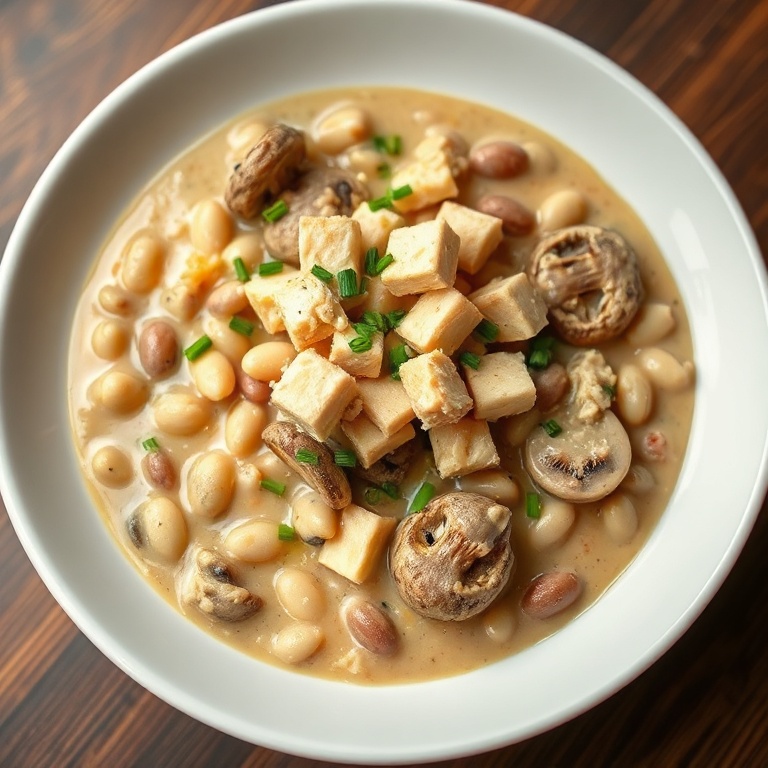 A bowl of creamy vegan mushroom and white bean stew topped with crumbled tofu and fresh chives. Warm side lighting highlights the texture.