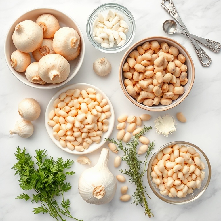 Raw ingredients for creamy vegan mushroom and white bean stew arranged in a flat lay. Buttons mushrooms, white beans, onions, garlic, and fresh thyme.