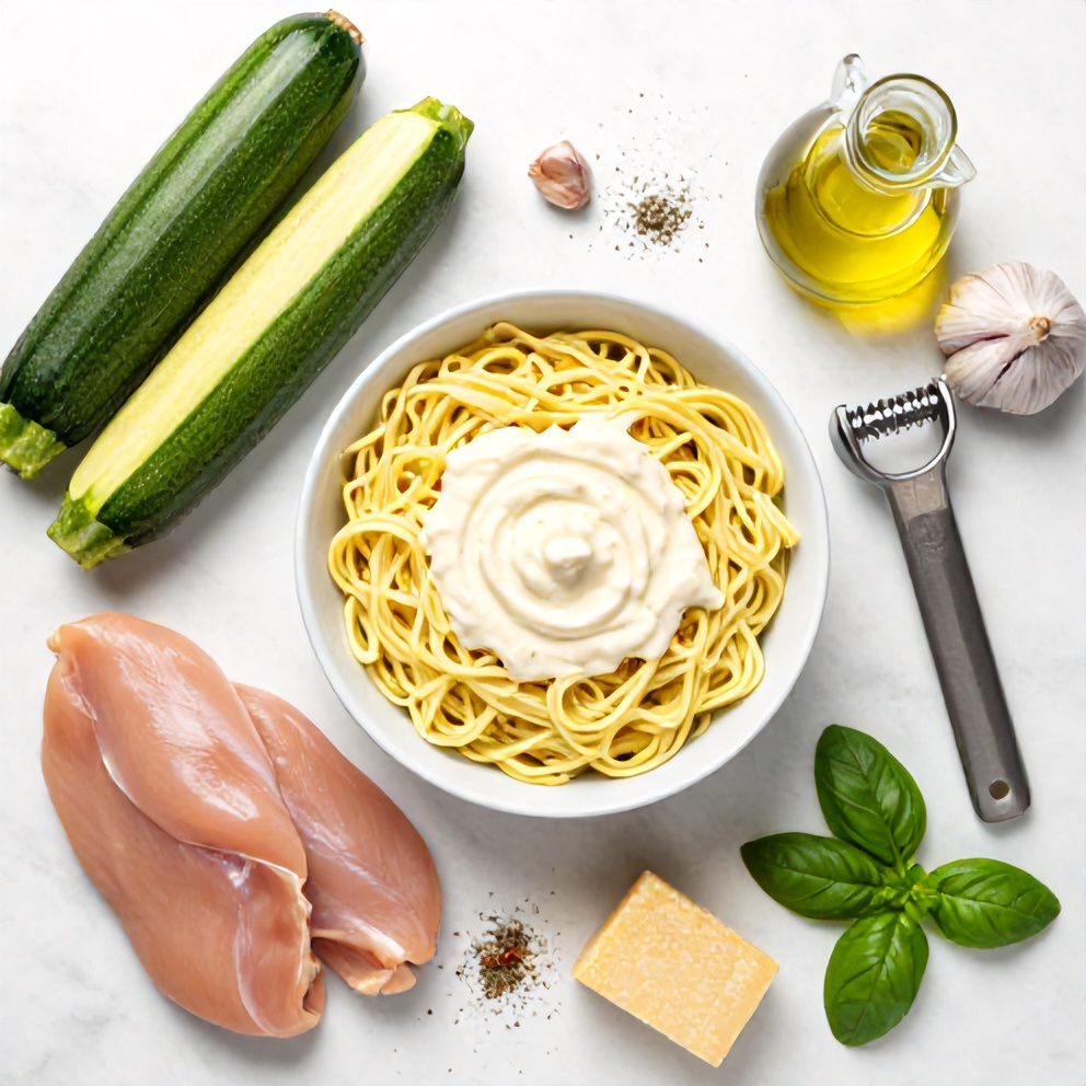 Raw ingredients for Zucchini Noodle Chicken Alfredo