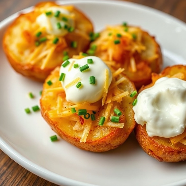 Crispy Air Fryer Baked Potatoes with sour cream, chives, and cheese. Close crop. White plate with warm lighting.