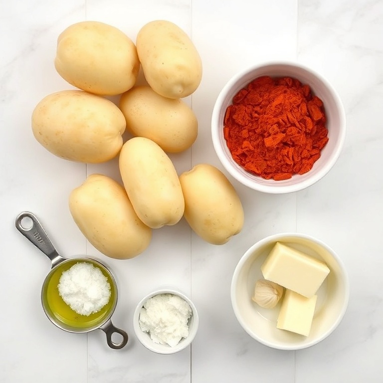 Potatoes, olive oil, salt, paprika, garlic powder, and butter. Measuring spoons and bowls visible. White marble surface.