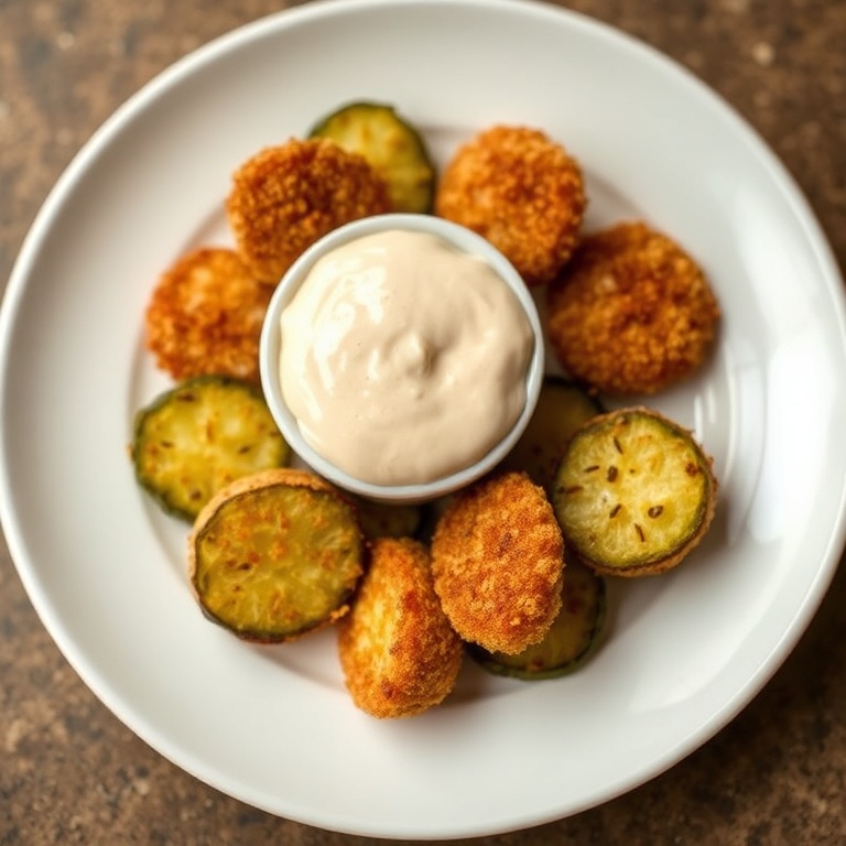 One perfect plated serving of Crispy Air Fryer Fried Pickles. Topped with a creamy dip. Close crop, food fills 90% of frame. White ceramic plate. Warm side lighting showing texture.