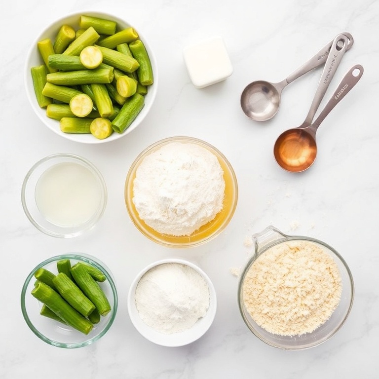 Overhead flat lay of the raw ingredients for Crispy Air Fryer Fried Pickles. Pickles, flour, cornstarch, eggs, and breadcrumbs. Prep bowls, measuring spoons, and cups visible. White marble surface. Bright even light.