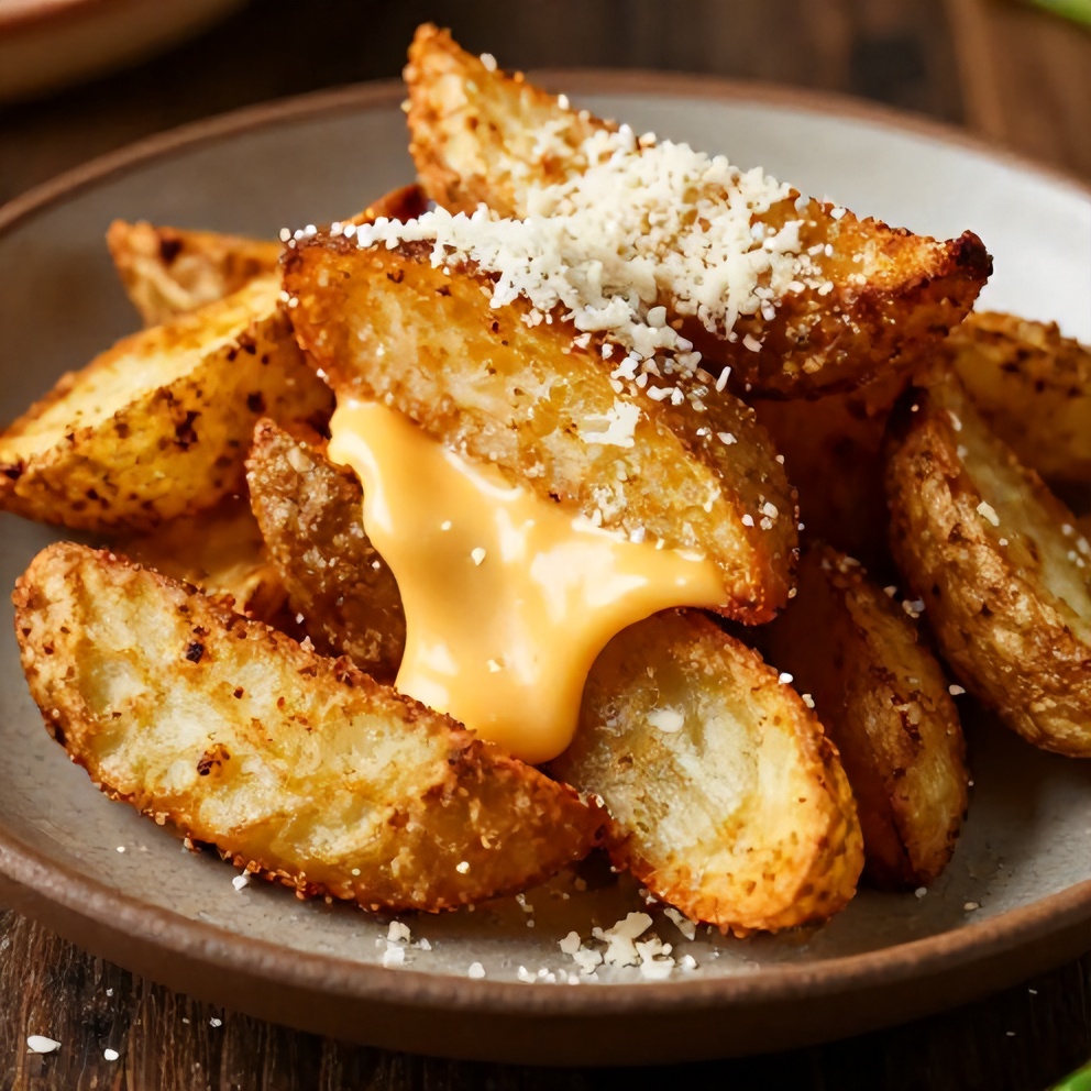 Crispy Air Fryer Potato Wedges with Parmesan on a rustic plate. Melted cheese and crispy edges. Warm side lighting. Photorealistic food photography. No text. No watermark.
