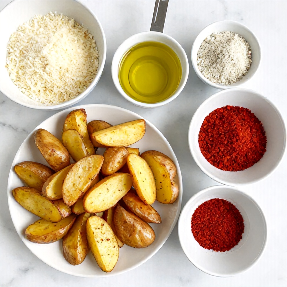 Raw ingredients for Crispy Air Fryer Potato Wedges. Potatoes, Parmesan cheese, olive oil, garlic powder, and paprika. Measuring spoons and bowls visible. White marble surface. Bright even light. Photorealistic overhead food photography. No text. No watermark.