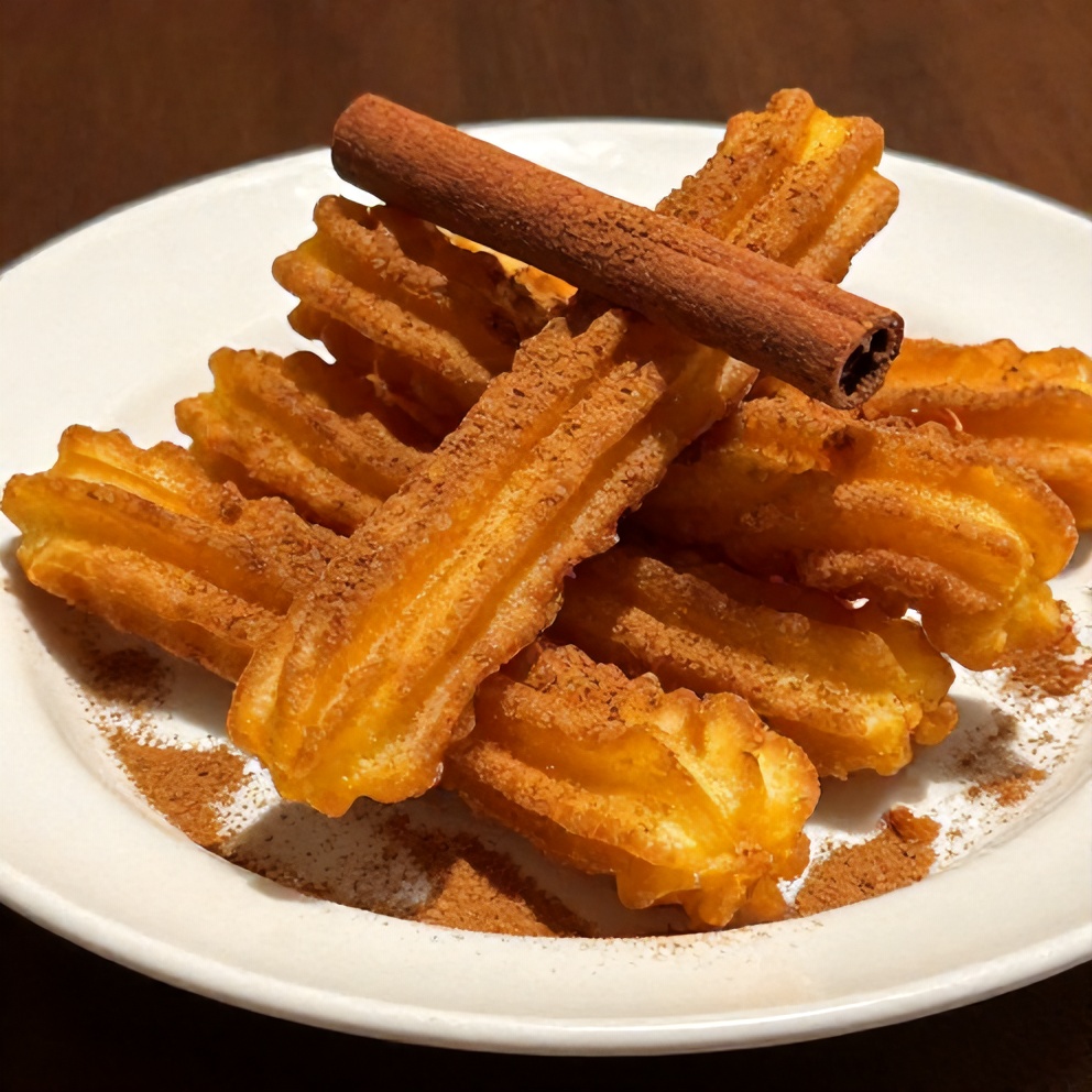 Crispy pumpkin churros on a white plate with cinnamon sugar. Garnished with a cinnamon stick.