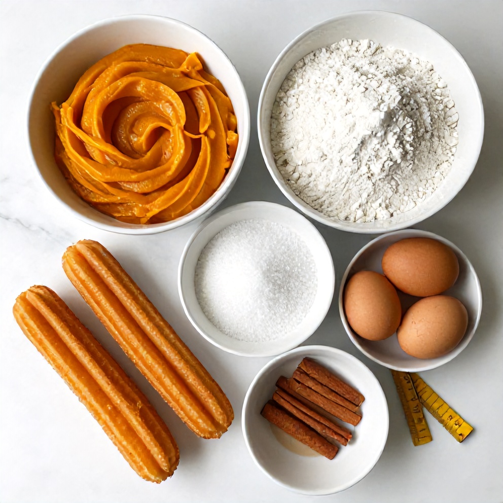 Raw ingredients for pumpkin churros: pumpkin puree, flour, sugar, eggs, cinnamon. Measuring tools and bowls visible.