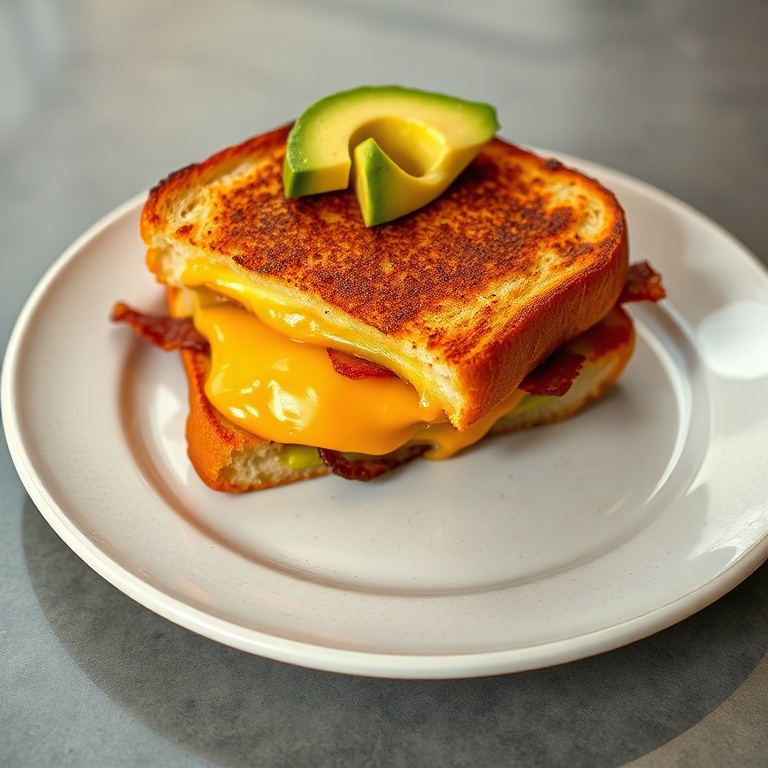 Crispy Bacon Breakfast Grilled Cheese plated on a ceramic plate with crispy bacon and cheese