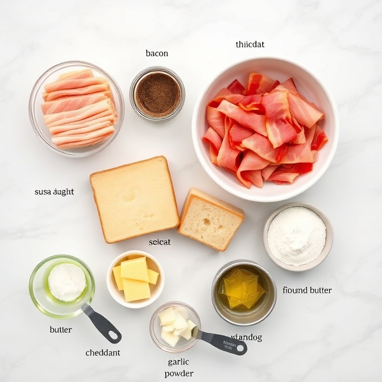 Bacon, bread, cheese, butter, and eggs arranged in a flat lay for a grilled cheese recipe
