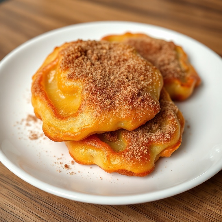 Apple fritters on a white plate with a cinnamon sugar topping. Close-up of the crispy crust and golden edges. Warm side lighting shows texture.