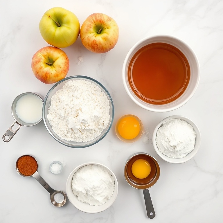 Raw ingredients for apple fritters: apples, flour, eggs, sugar, cinnamon. Measuring spoons and bowls visible. White marble surface with bright even light.