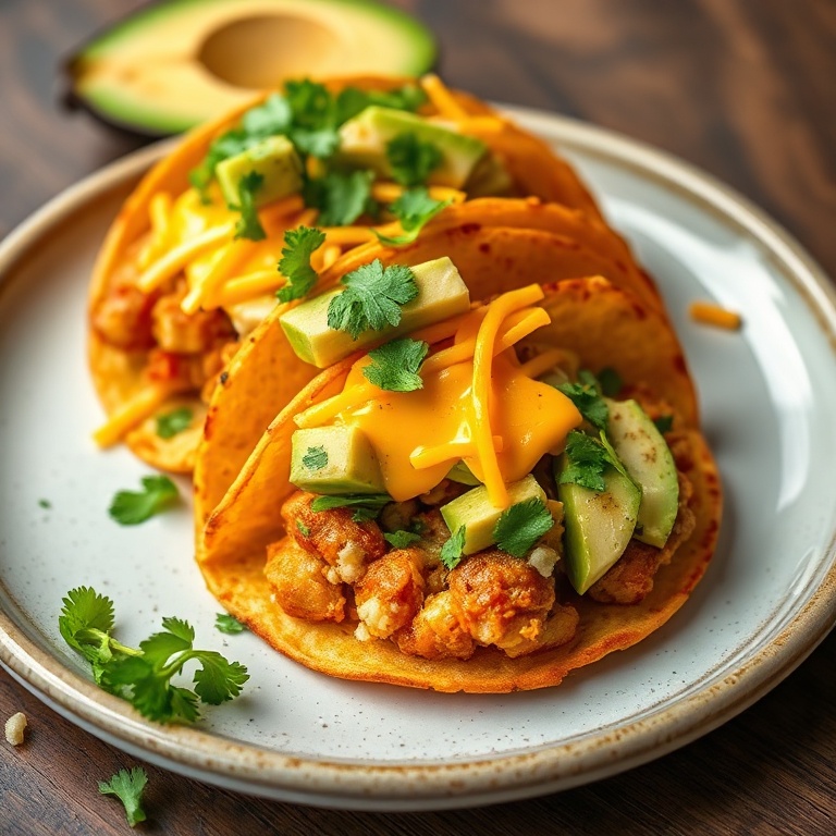 Perfectly plated Crispy Baked Breakfast Tacos. Topped with cheese, avocado, and cilantro. Golden and juicy.