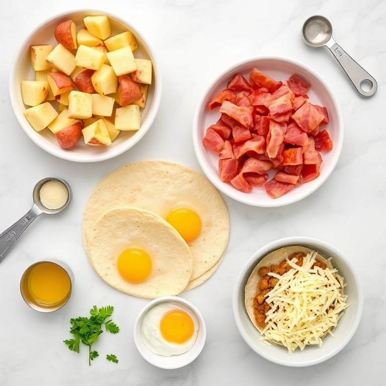 Raw ingredients for Crispy Baked Breakfast Tacos. Bacon, potatoes, tortillas, eggs, and cheese. Measuring spoons and bowls nearby.