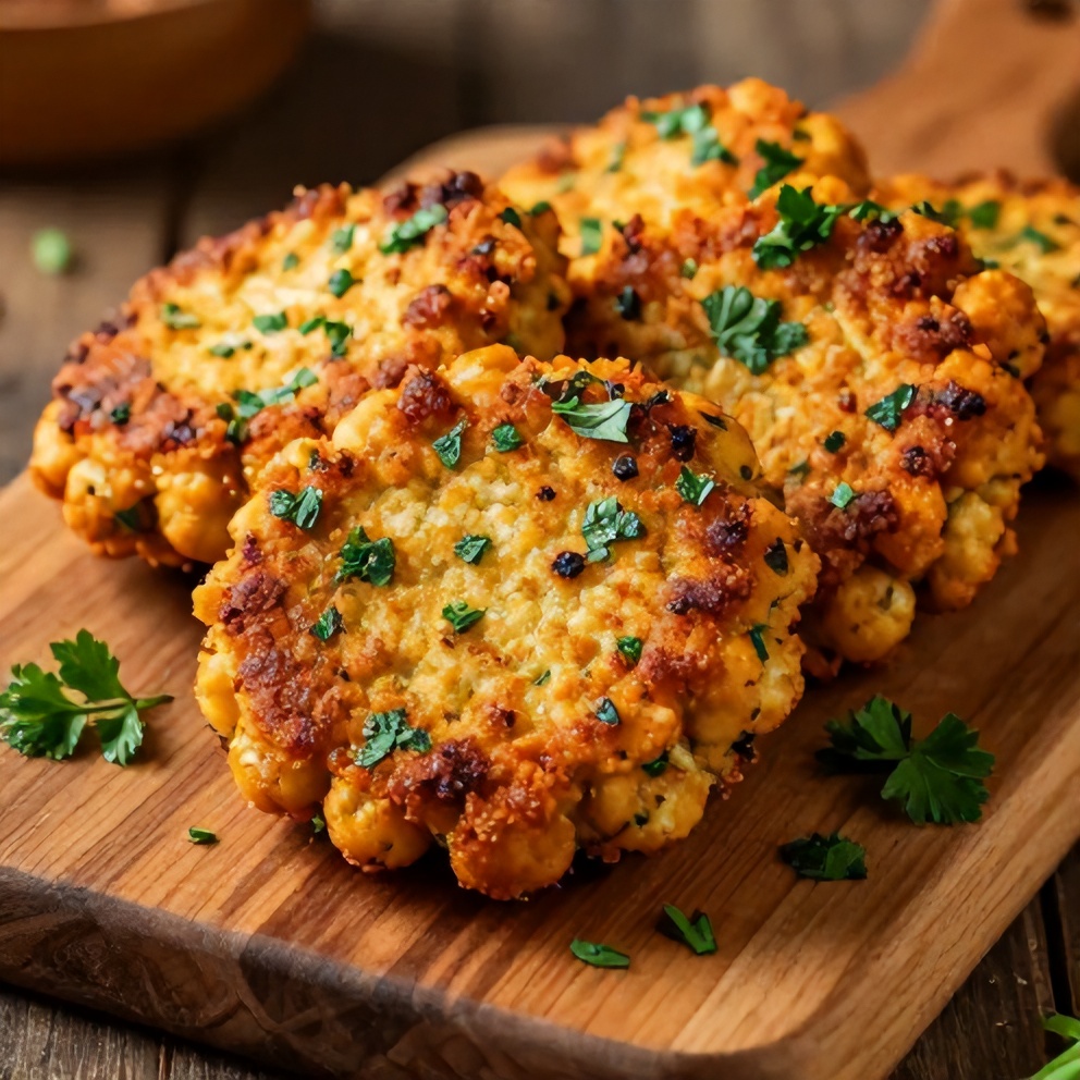 Plated serving of crispy baked chickpea patties with fresh herbs