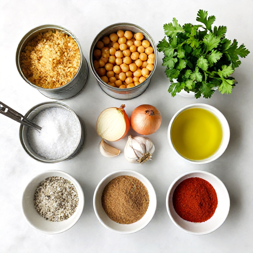 Raw ingredients for crispy baked chickpea patties arranged in a flat lay