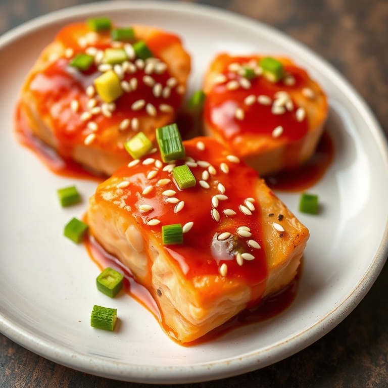 Plated salmon bites with spicy sweet sauce. Garnished with sesame seeds and green onions. Close-up showing texture and sauce coverage.
