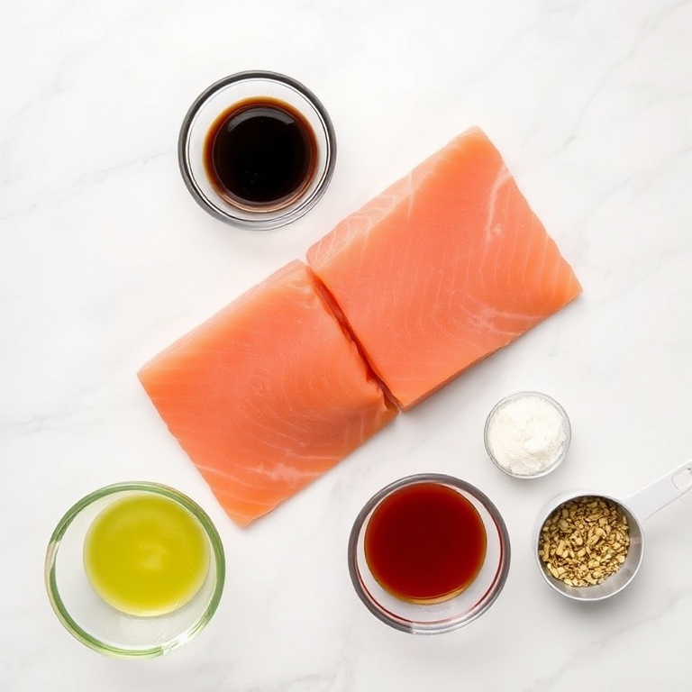 Raw salmon, soy sauce, rice wine vinegar, chili garlic sauce, and sesame seeds arranged in a flat lay. Measuring tools and bowls visible. Bright overhead light.