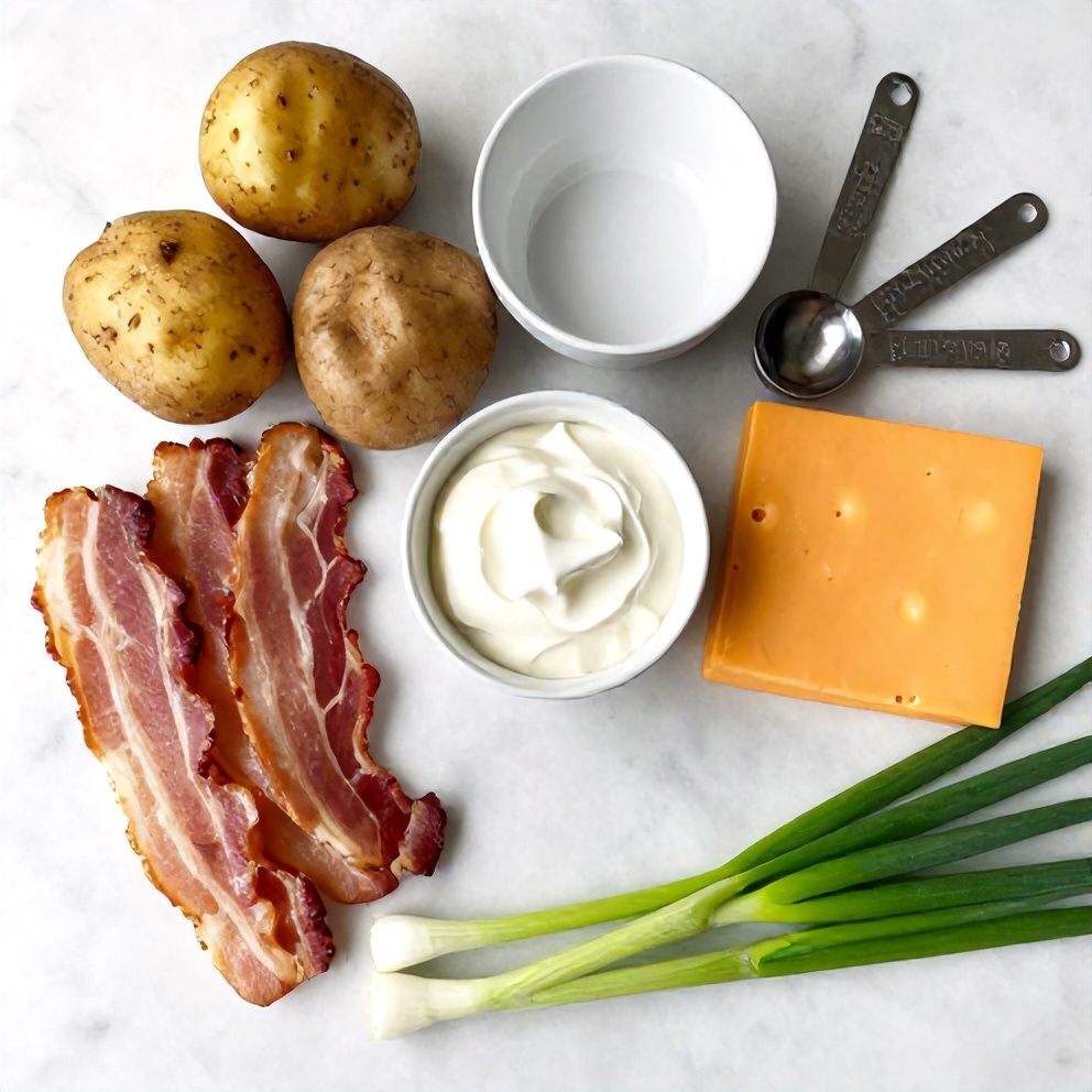 Raw Ingredients for Cheesy Potato Skins with Bacon on a Marble Surface