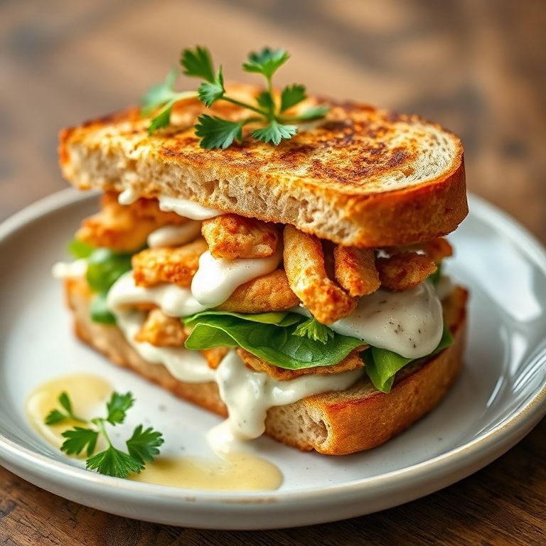 Finished crispy chicken Caesar sandwich on plate