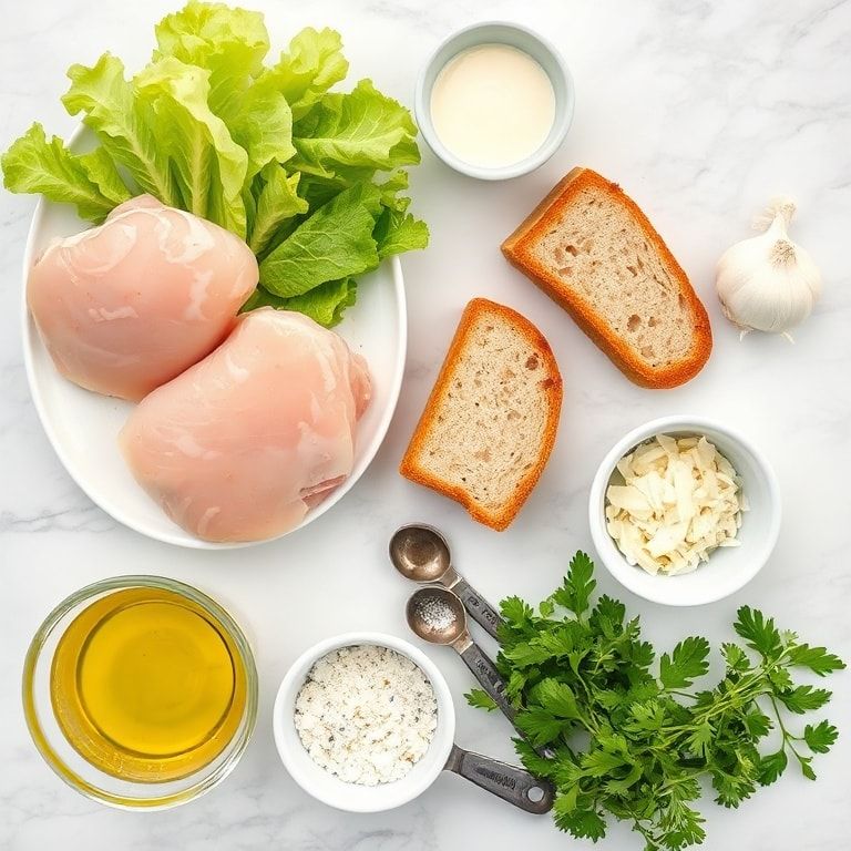Raw ingredients for crispy chicken Caesar sandwich