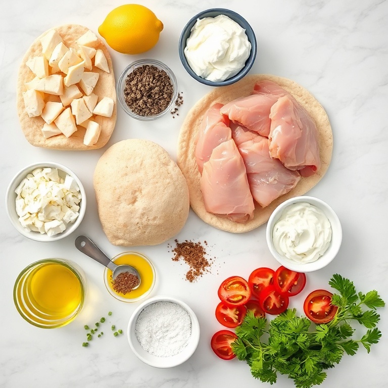 Crispy chicken pita pockets ingredients flat lay