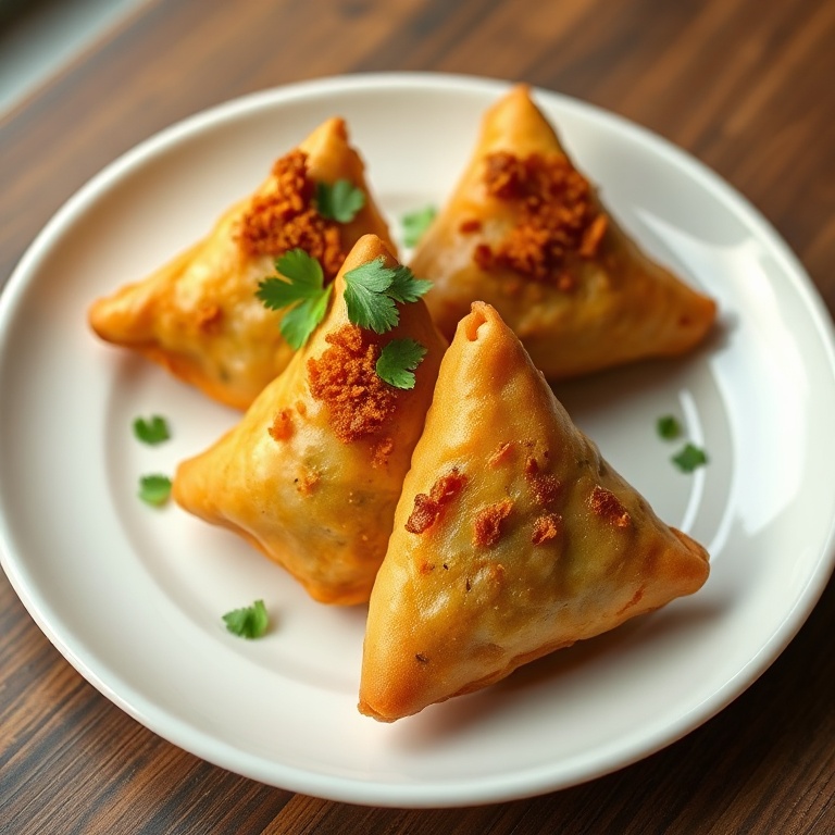 One perfect plated serving of Crispy Chicken Samosas. Garnished with cilantro. Close crop, food fills 90% of frame. Described plate is a white ceramic dish. Warm side lighting. Photorealistic food photography, no text, no watermark