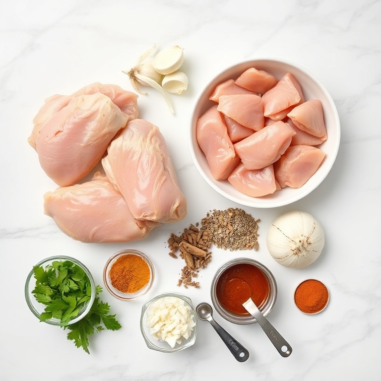 Raw ingredients for Crispy Chicken Samosas. Chicken, onions, garlic, ginger, and spices arranged as an overhead flat lay. Small prep bowls and measuring spoons visible. White marble surface. Bright even natural light, no harsh shadows. Photorealistic overhead food photography style, no text, no watermark
