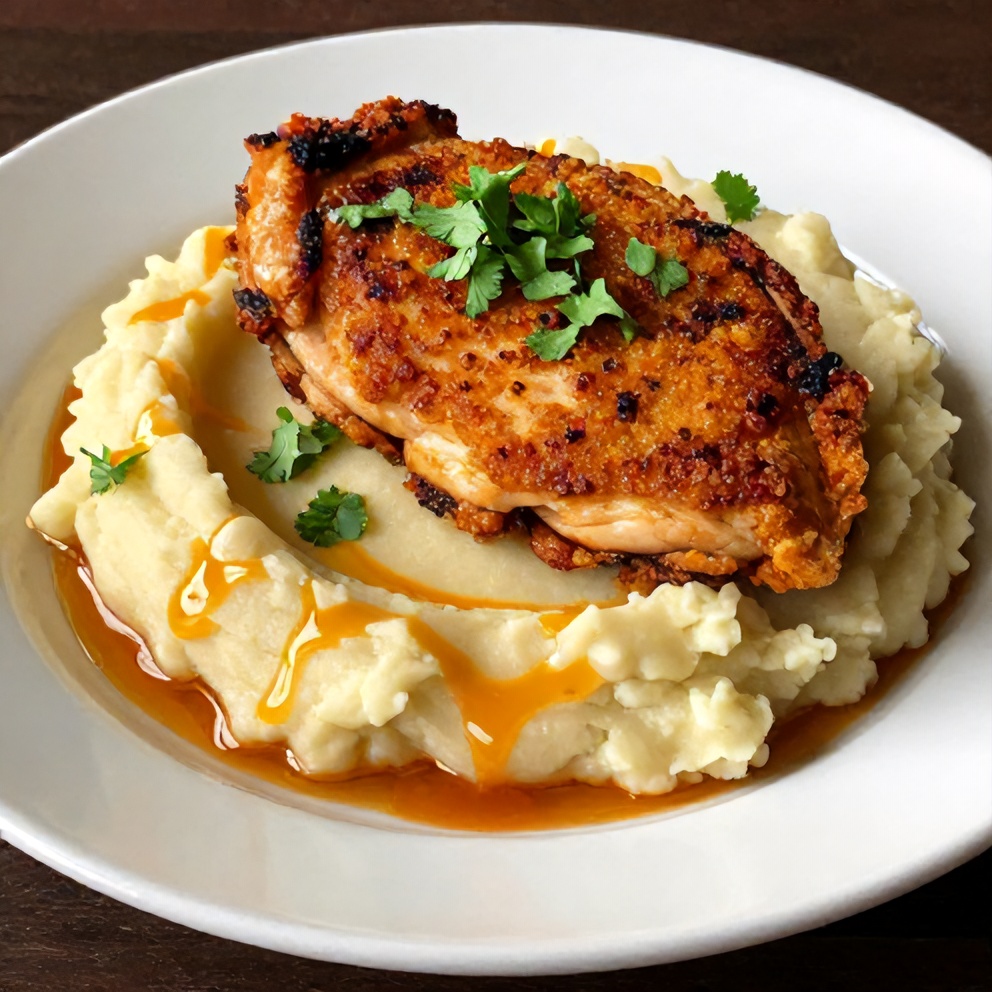 Plated Crispy Chipotle Honey Chicken with Smoked Gouda Mashed Potatoes