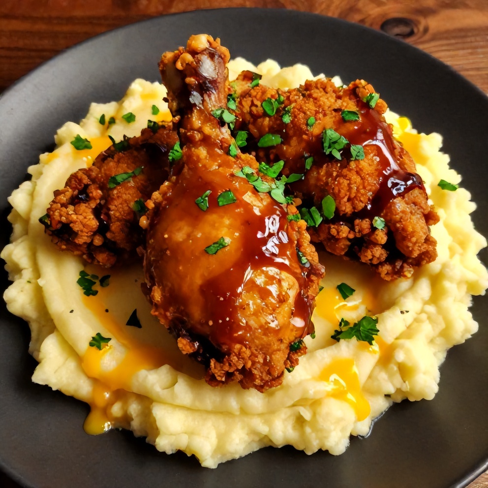 Plated Crispy Chipotle Honey Chicken Thighs with Gouda Mashed Potatoes