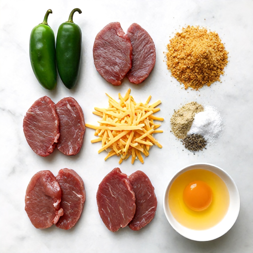 Raw ingredients for deer tenderloin jalapeño poppers on a marble surface