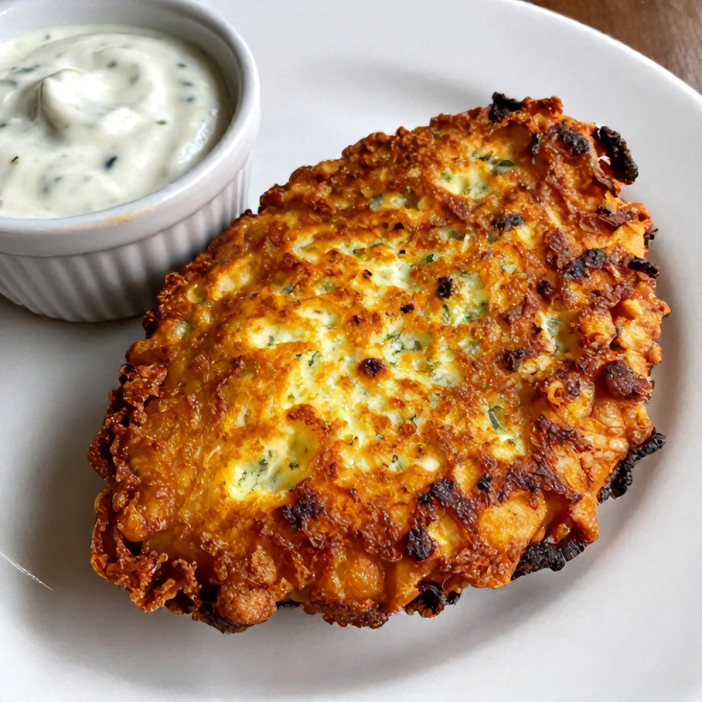 Plate of crispy Dill Pickle Fritters with a side of ranch dressing
