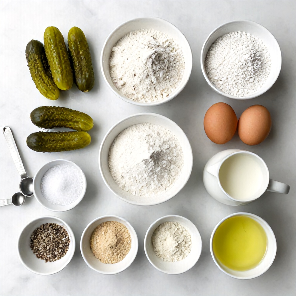 Raw ingredients for Dill Pickle Fritters on a marble surface