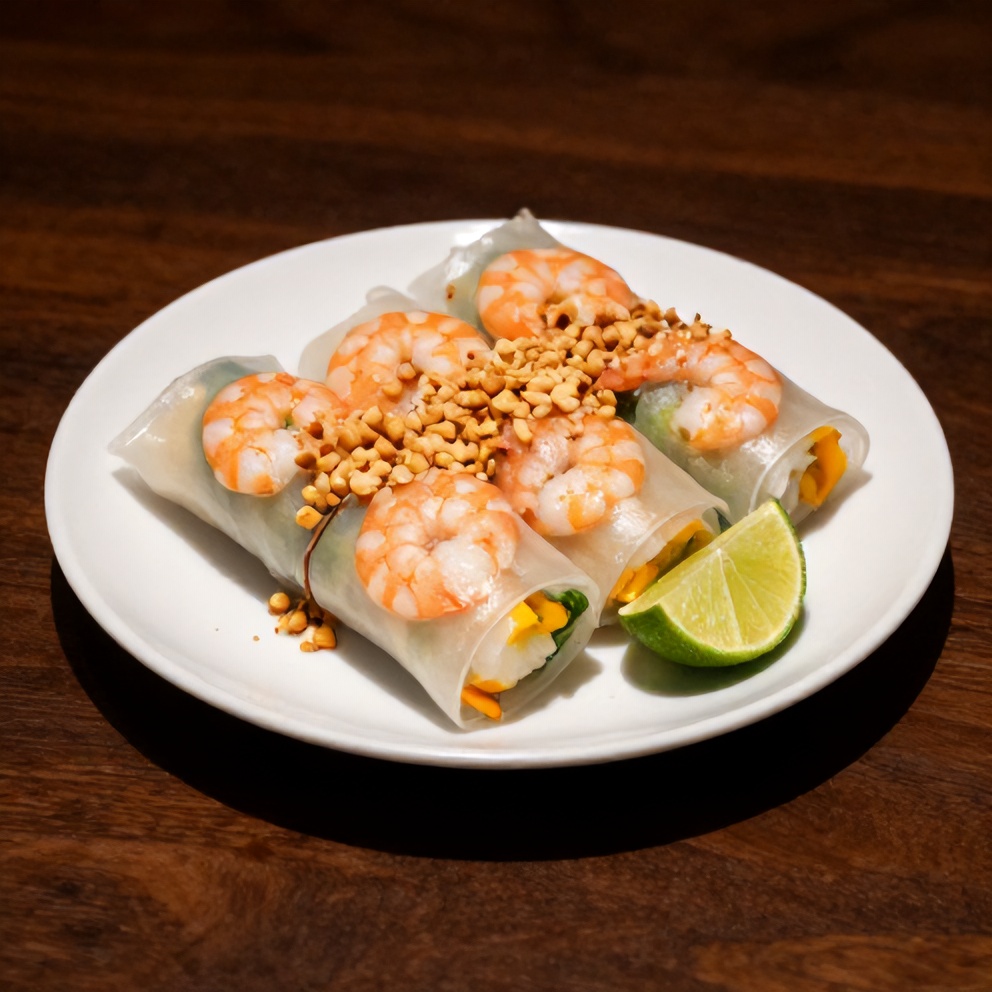 Plated fresh mango shrimp summer rolls with tangy dipping sauce on a white plate