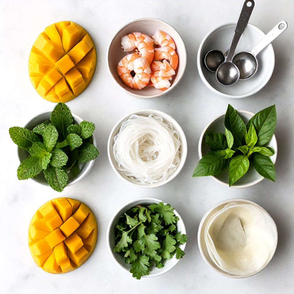 Raw ingredients for fresh mango shrimp summer rolls on a white marble surface