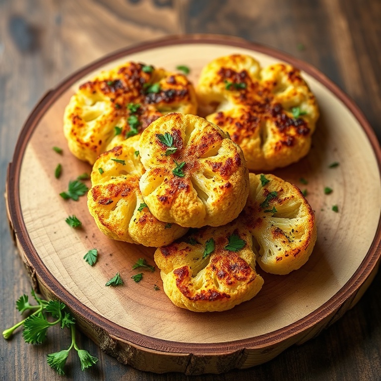 Crispy Garlic Herb Roasted Cauliflower Steaks plated on a rustic wooden board with a sprinkle of herbs.