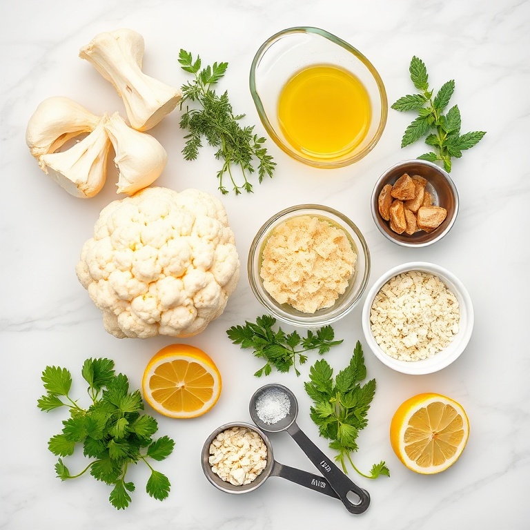 Cauliflower, garlic, olive oil, fresh herbs, salt, pepper, lemon wedges, and nutritional yeast arranged in a flat lay.
