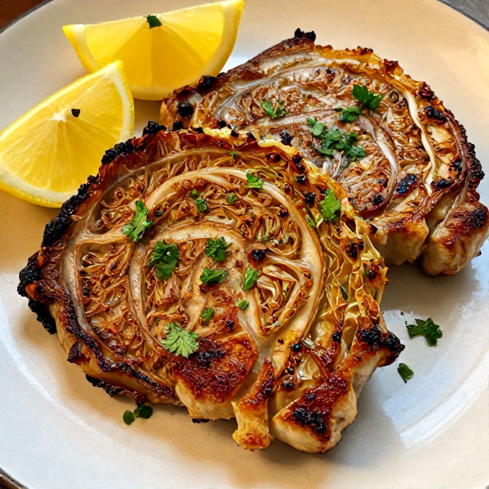 Plated Garlic Roasted Cabbage Steaks with Smoky Spices