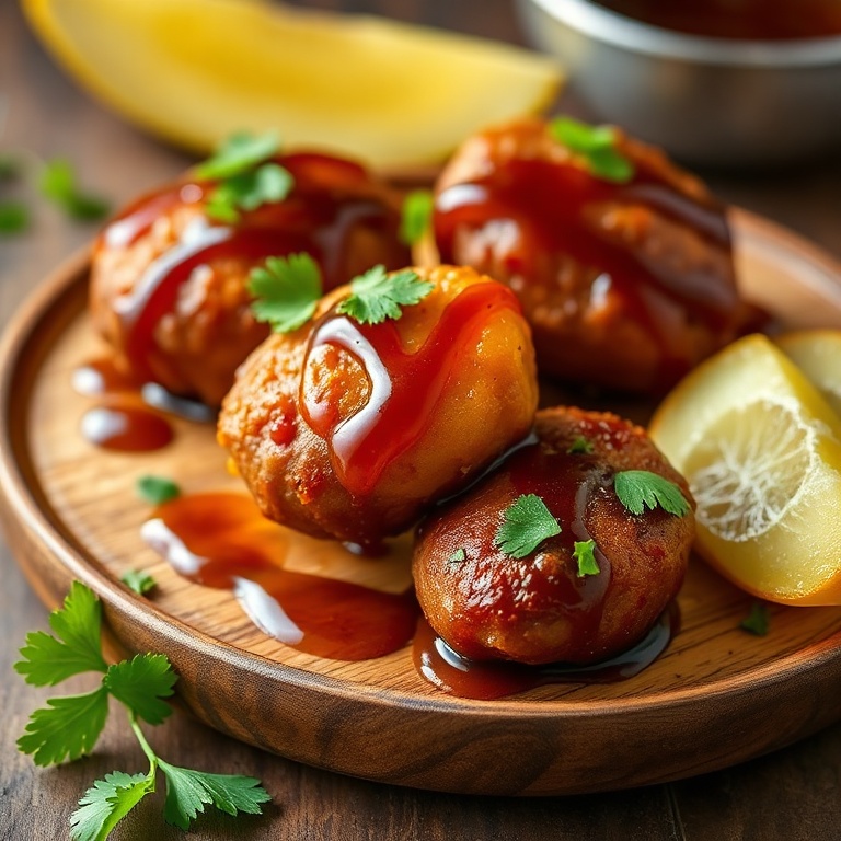 Crispy Glazed Beef Sausage Pineapple Bites on a wooden plate with a drizzle of glaze
