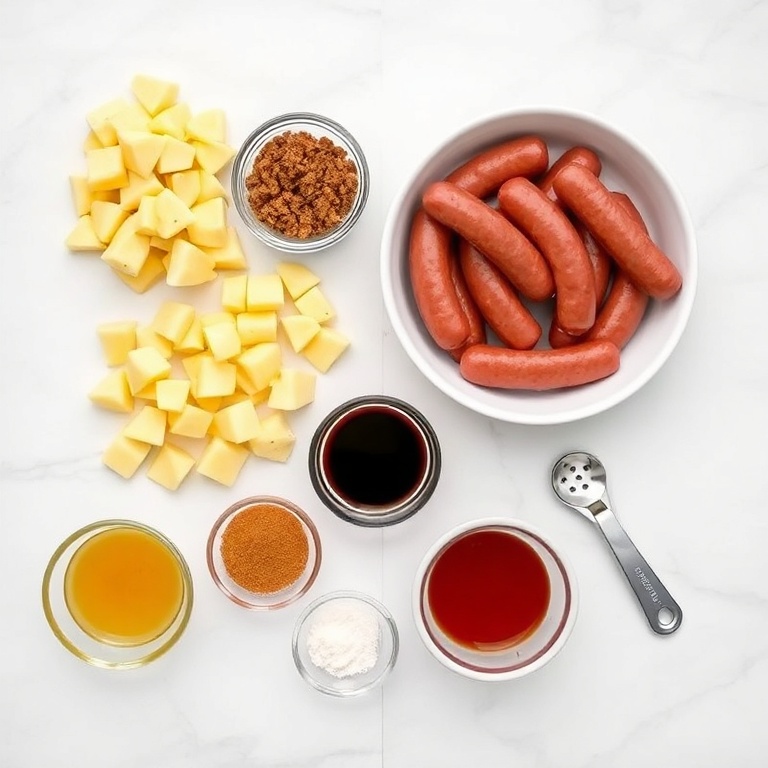 Raw ingredients for Crispy Glazed Beef Sausage Pineapple Bites arranged in a flat lay