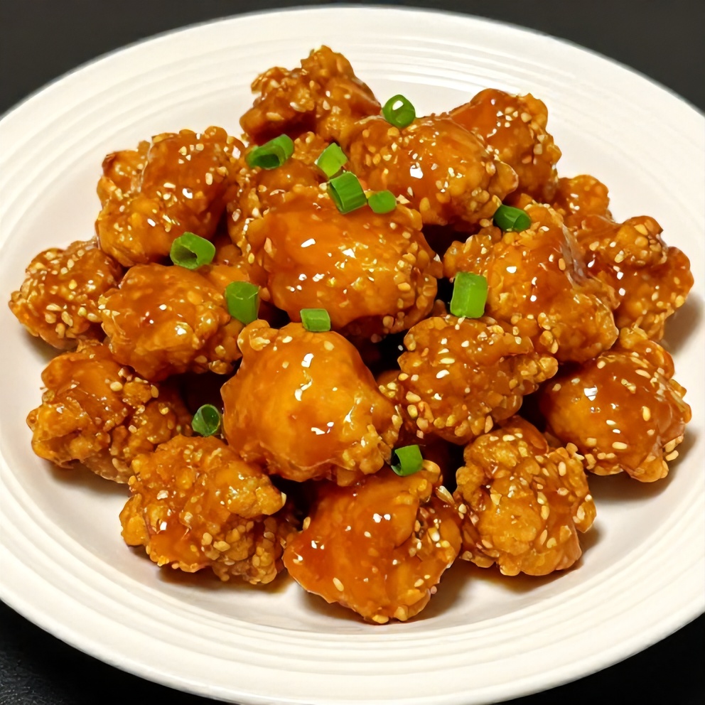 Plated Crispy Gluten-Free Orange Chicken with green onions
