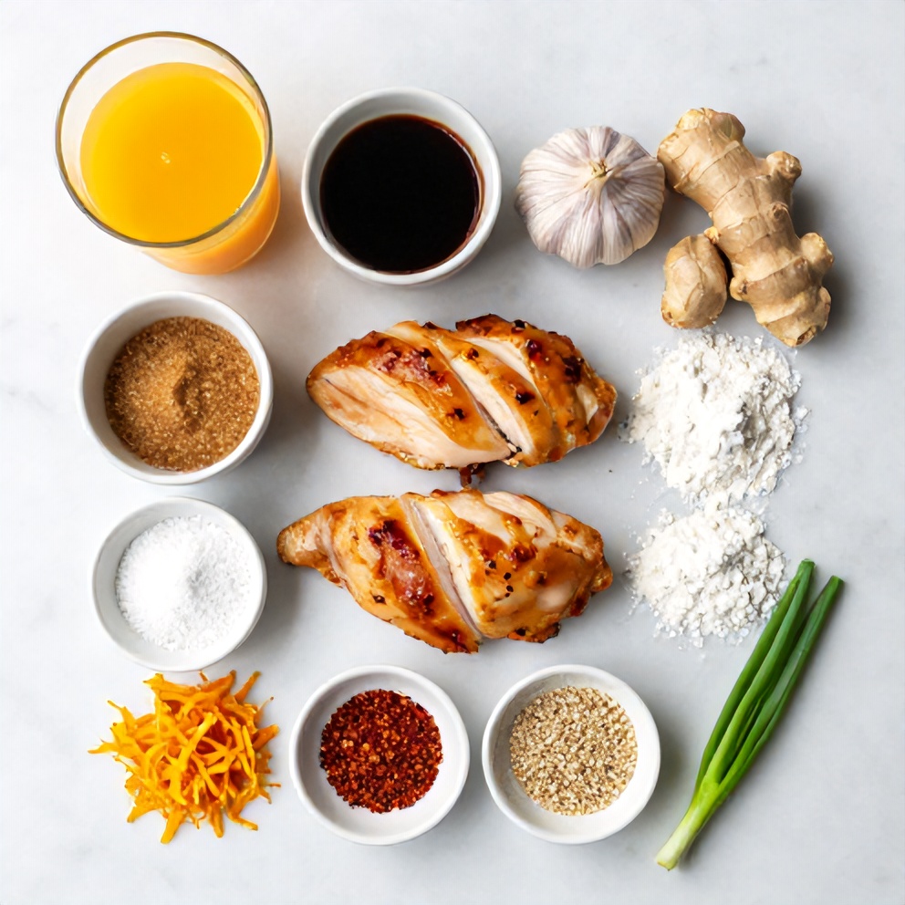 Ingredients for Crispy Gluten-Free Orange Chicken laid out